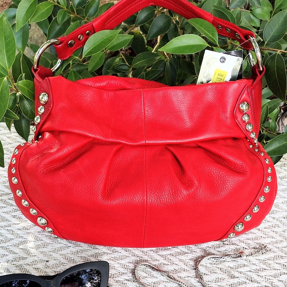 B. MAKOWSKY RED STUDDED PLEATED DODT LEATHER HOBO BAG (NWOT)